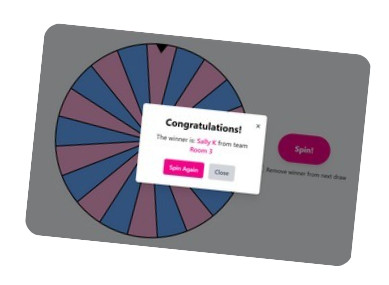image shows the go raise it spot prize draw using a spin the wheel function