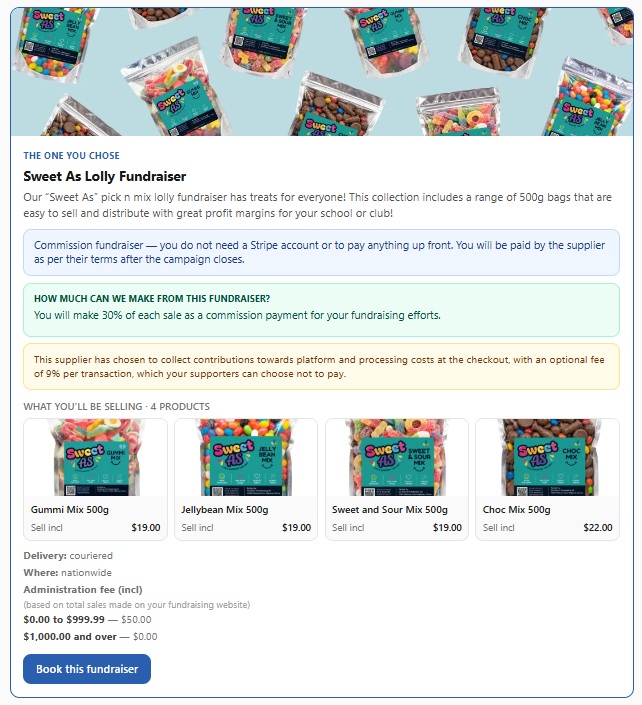 image shows a supplier product fundraiser listing
